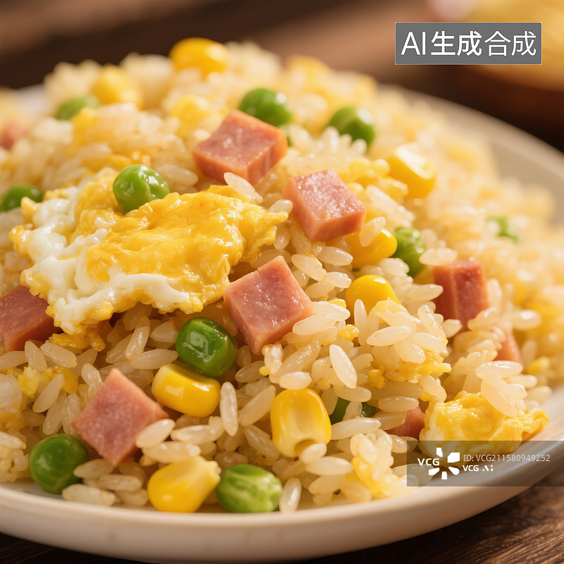 【AI数字艺术】一盘蛋炒饭，画面完整，有火腿粒，青豆、玉米粒。米粒修长饱满，色泽金黄诱人图片素材