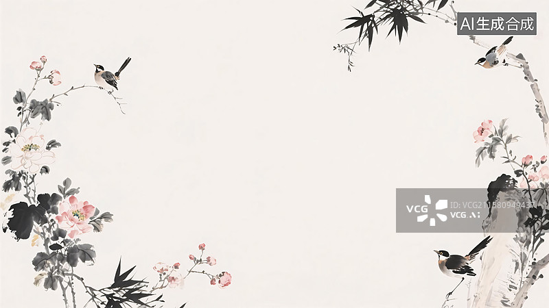 【AI数字艺术】水墨画花鸟背景两侧图片素材