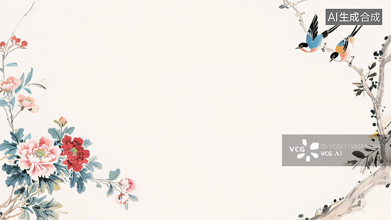 【AI数字艺术】水墨画花鸟背景两侧图片素材