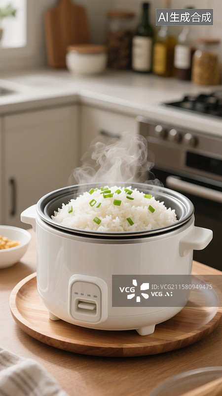 【AI数字艺术】白色电饭煲中盛着冒着热气、撒有葱花的长粒香米饭，米饭看起来很美味图片素材