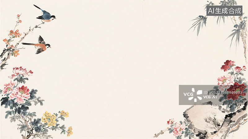 【AI数字艺术】水墨画花鸟背景两侧图片素材