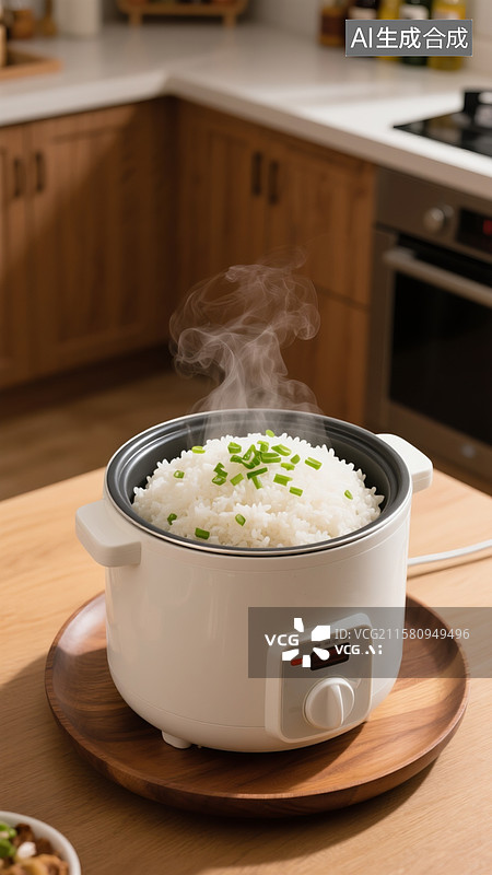 【AI数字艺术】白色电饭煲中盛着冒着热气、撒有葱花的长粒香米饭，米饭看起来很美味图片素材