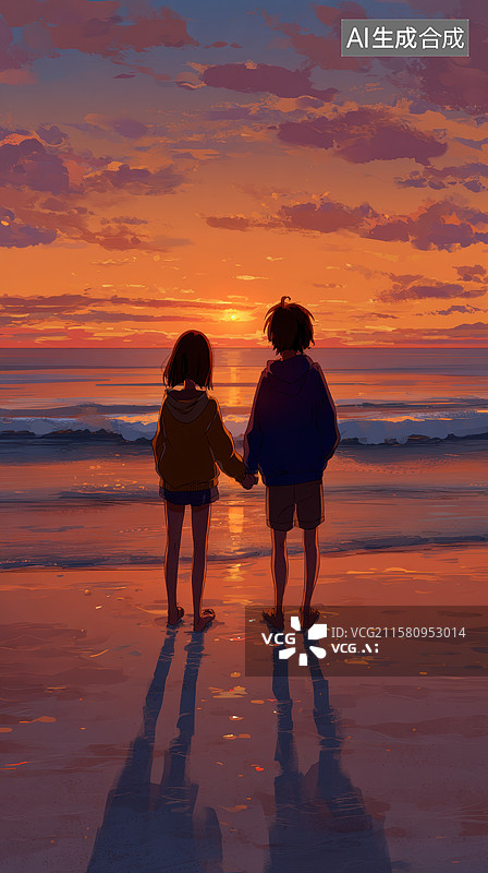 【AI数字艺术】海边日落，两人牵手漫步图片素材