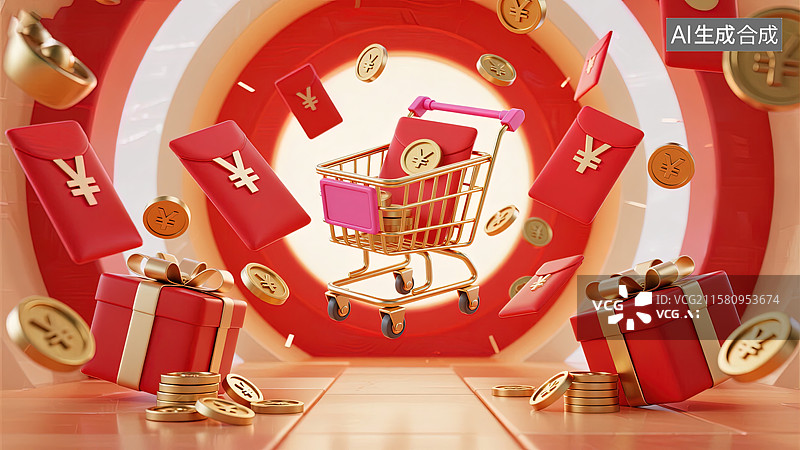 【AI数字艺术】新年红包雨购物狂欢图片素材