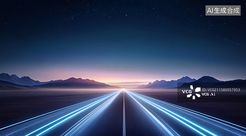 【AI数字艺术】夜空下的光轨公路图片素材