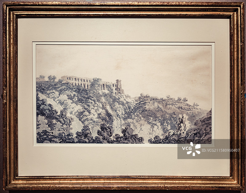 大都会艺术博物馆藏石墨底稿蓝灰色淡彩蒂沃利的梅塞纳斯庄园与瀑布图片素材