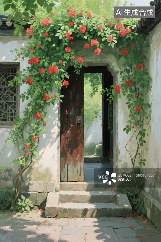 【AI数字艺术】厚涂油画，绿蔓红花掩扉 古门静立，绿蔓红花轻缠，将一帘绿叶红花，晕染成画图片素材