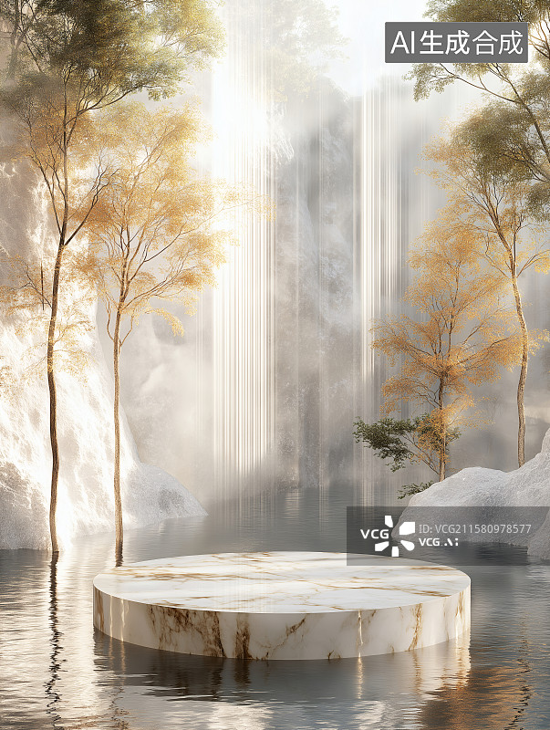 【AI数字艺术】金色新中式淡雅户外山水清新植物自然美3d展台图片素材