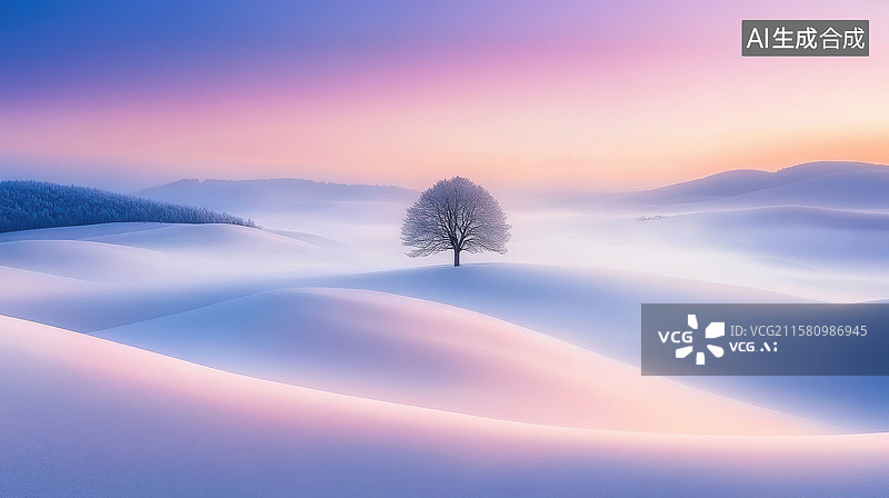 【AI数字艺术】雪地孤树，晨曦霞光图片素材