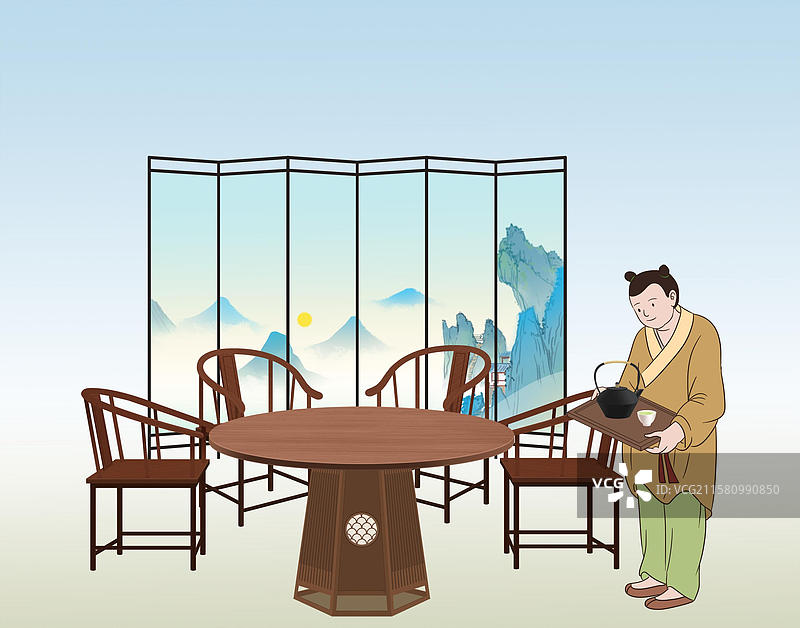 中国风新中式古风古典传统文化古装古人古代古时候历史文化国学经典喝茶饮茶茶话会插画图片素材