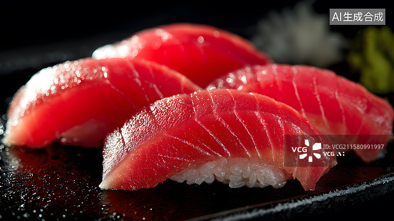 【AI数字艺术】三块新鲜金枪鱼寿司图片素材