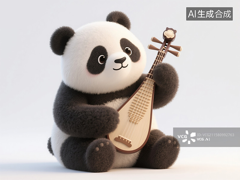 【AI数字艺术】迷人3D插画拟人化熊猫弹奏古筝国宝创意动物生日贺卡古风暑期兴趣班毛毡白色背景书籍封面和企业活动图片素材