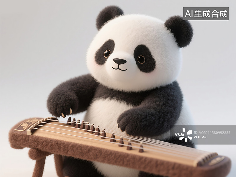 【AI数字艺术】迷人3D插画拟人化熊猫弹奏古筝国宝创意动物生日贺卡古风暑期兴趣班毛毡白色背景书籍封面和企业活动图片素材