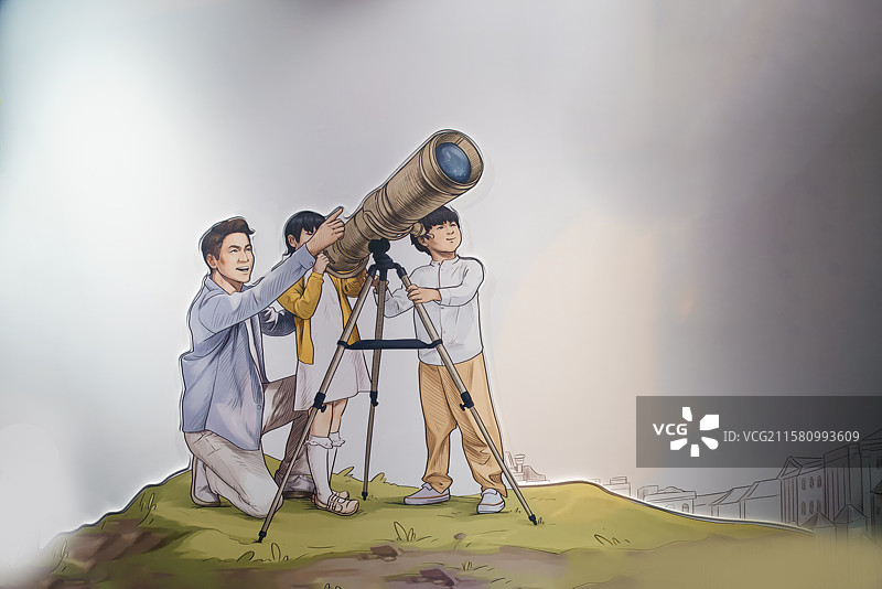 绘画，夏令营活动，辅导员带领青少年观测天文图片素材