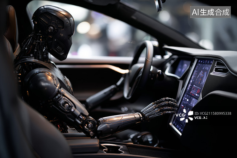 【AI数字艺术】机器人驾驶自动汽车夜间行驶中操作界面图片素材