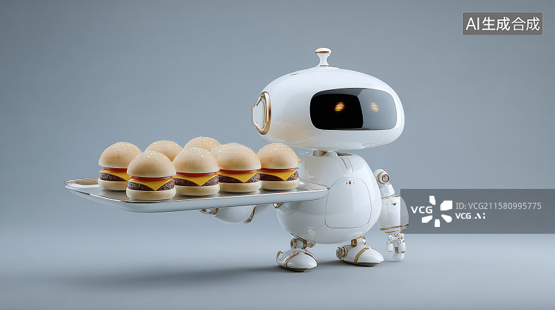 【AI数字艺术】服务机器人端托盘递送迷你汉堡于明亮空间中图片素材