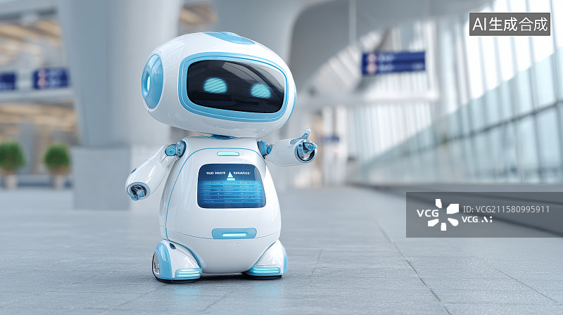 【AI数字艺术】服务机器人站立于现代机场通道中图片素材