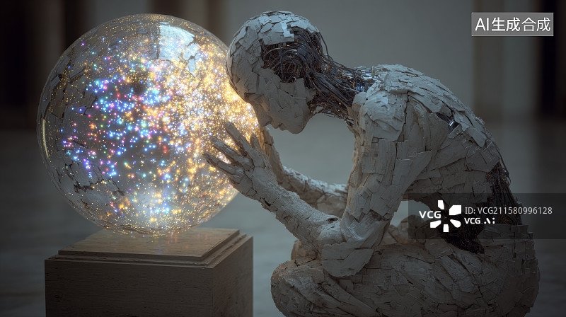 【AI数字艺术】思索姿态的机器人静观发光球体图片素材