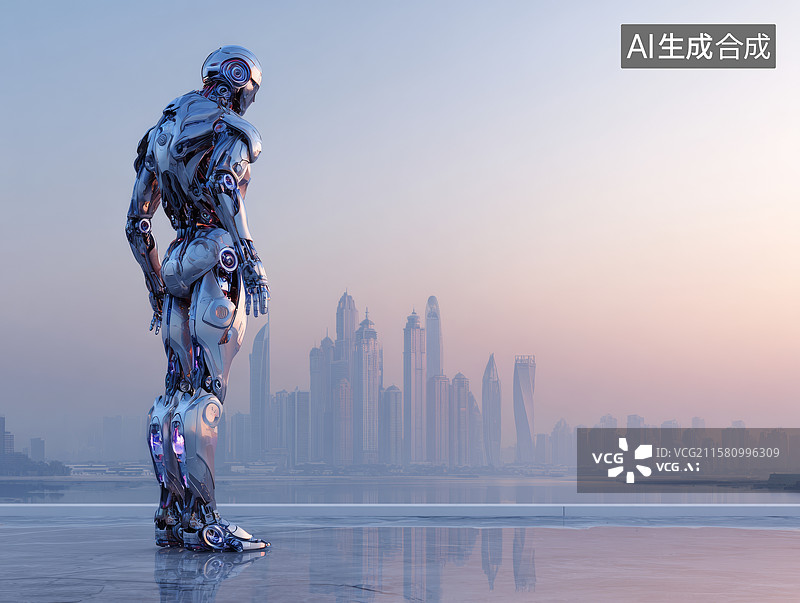 【AI数字艺术】仿生机器人俯瞰未来城市天际线图片素材