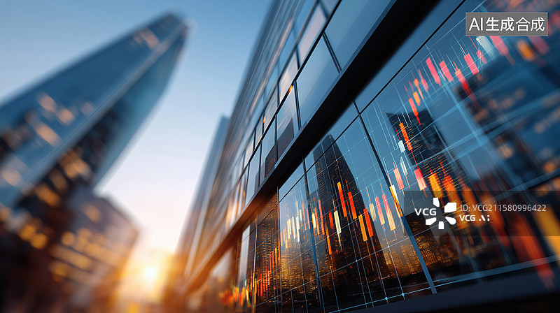 【AI数字艺术】金融科技：建筑玻璃幕墙上的股票市场数据图表图片素材