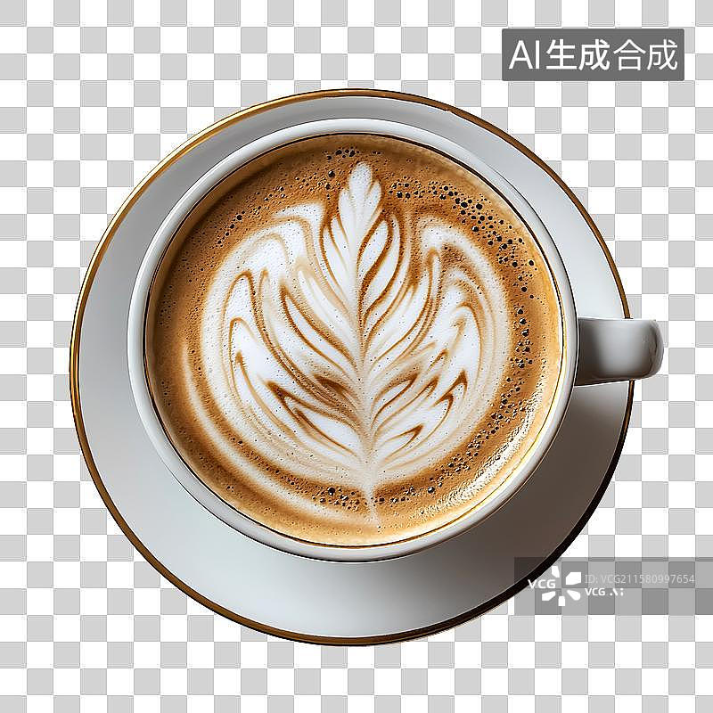 【AI数字艺术】鲜嫩的拿铁咖啡在白色陶瓷杯中，免扣元素图片素材