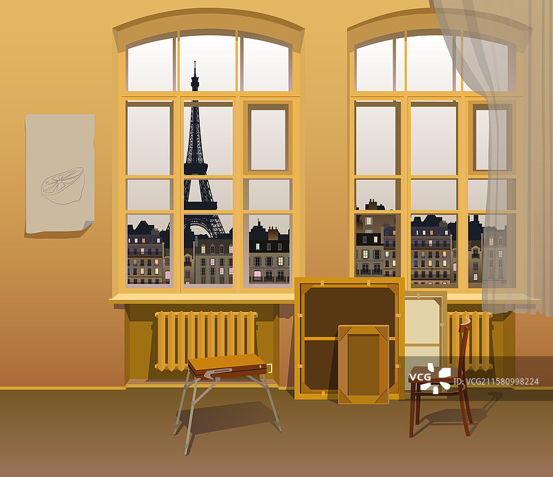 艺术家工作室的内部，俯瞰着图片素材