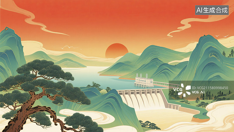 【AI数字艺术】水墨画风下的壮丽水电站锦秀画卷图片素材