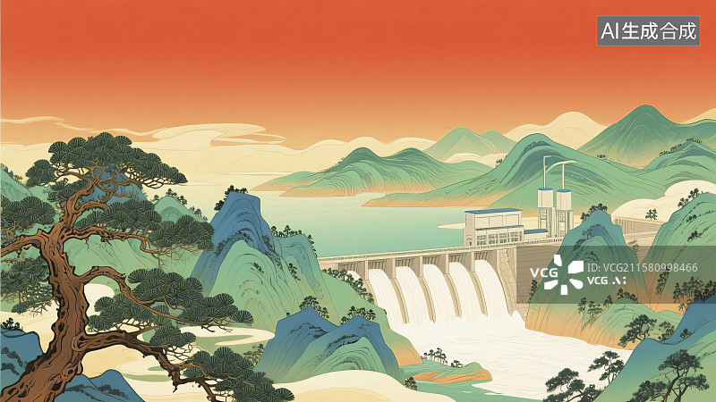 【AI数字艺术】水墨画风下的壮丽水电站锦秀画卷图片素材
