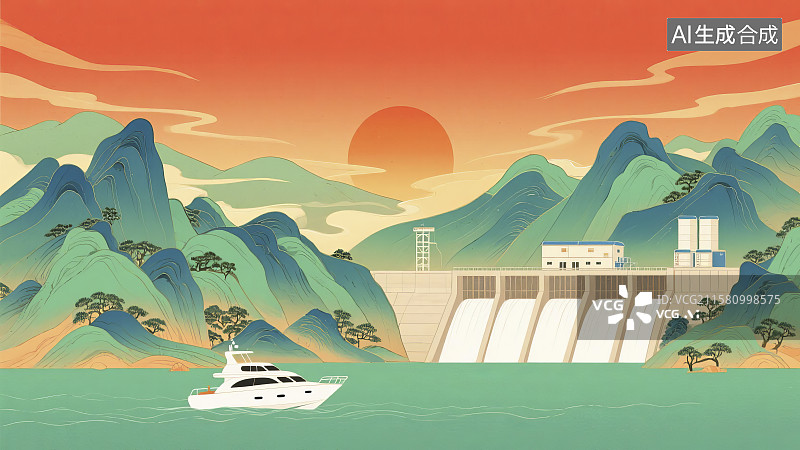 【AI数字艺术】水墨画风下的壮丽水电站锦秀画卷图片素材
