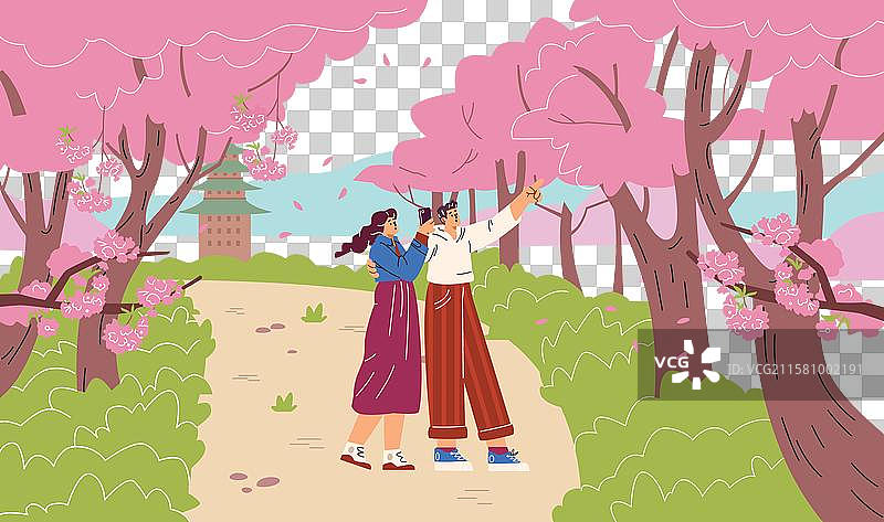 春天的场景中一对年轻情侣图片素材