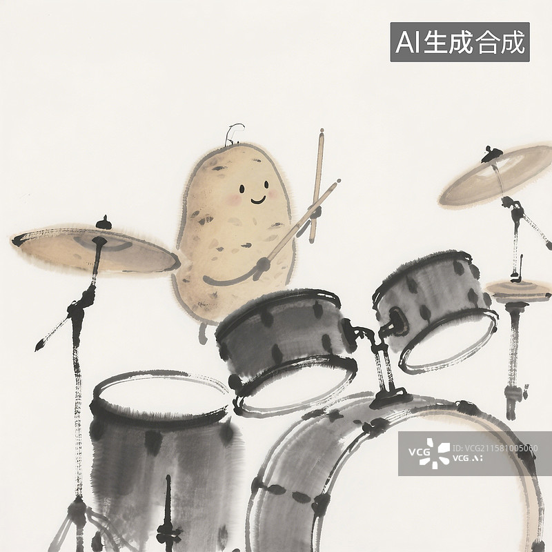 【AI数字艺术】水墨风格土豆敲架子鼓插画图片素材