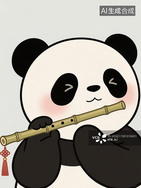 【AI数字艺术】手拿中国竹笛的卡通熊猫插画图片素材