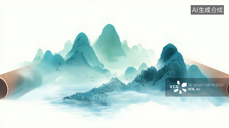 【AI数字艺术】水墨山水画卷图片素材