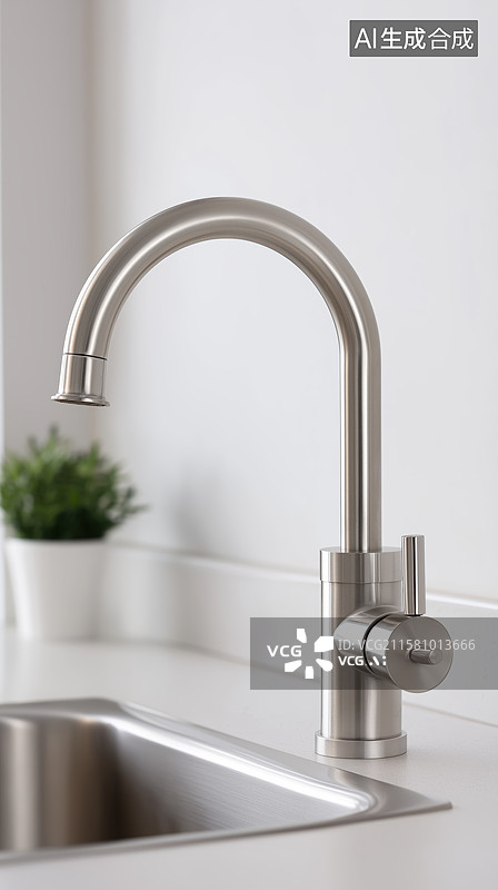 【AI数字艺术】现代厨房不锈钢水龙头特写图片素材