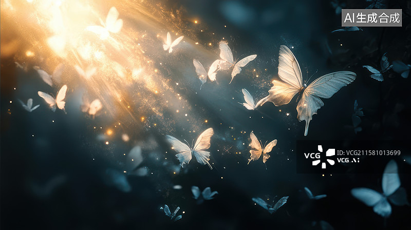【AI数字艺术】金色光晕白蝴蝶梦幻飞舞图图片素材