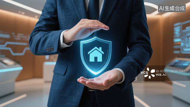 【AI数字艺术】身着西装的商务人士张开双手掌心有带房子图案的盾牌发光标识，房产保护安全守护金融保障概念图片素材