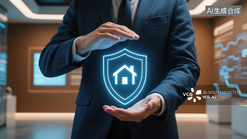 【AI数字艺术】身着西装的商务人士张开双手掌心有带房子图案的盾牌发光标识，房产保护安全守护金融保障概念图片素材