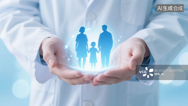 【AI数字艺术】专业医生展开双手掌心托举着有发光的家庭人物剪影，医疗健康家庭保险服务宣传医保推广家庭医生服务概念图片素材