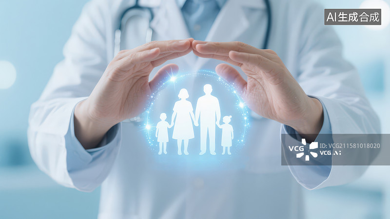 【AI数字艺术】专业医生展开双手掌心托举着有发光的家庭人物剪影，医疗健康家庭保险服务宣传医保推广家庭医生服务概念图片素材