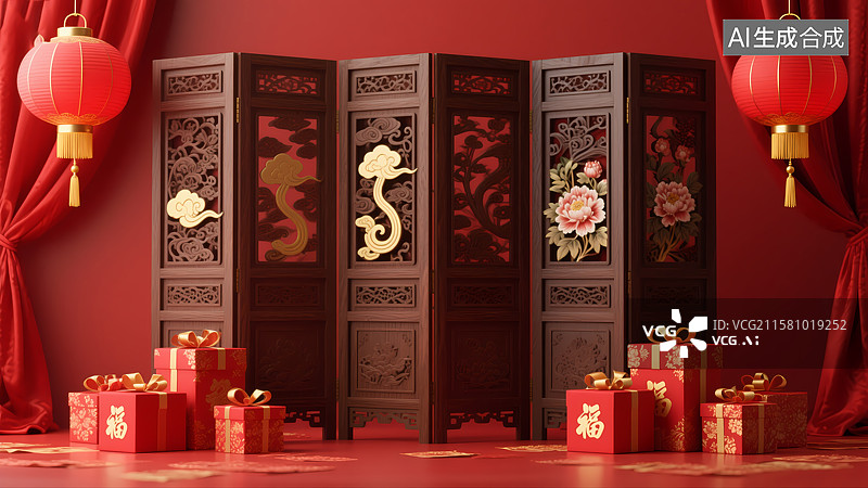【AI数字艺术】中式屏风与红色礼盒的节日布置图片素材
