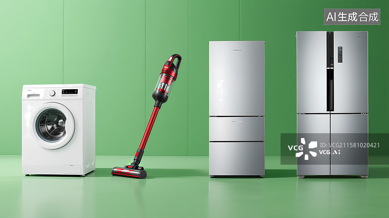 【AI数字艺术】家用电器展示：洗衣机、吸尘器与冰箱图片素材
