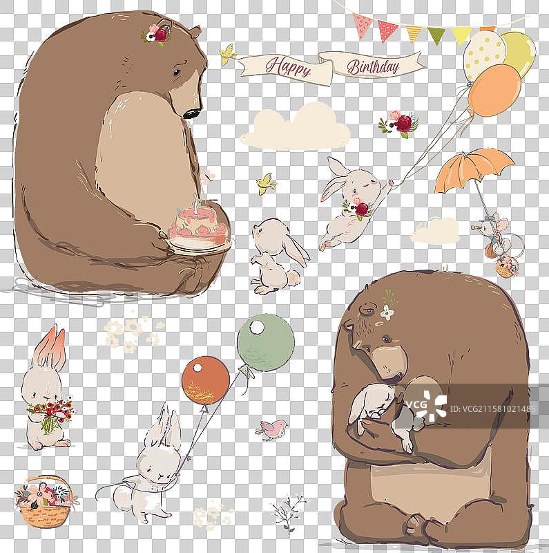 可爱的生日卡通兔子和熊的组合图片素材