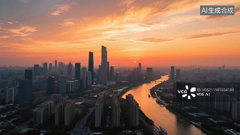 【AI数字艺术】城市天际线的金色日出图片素材
