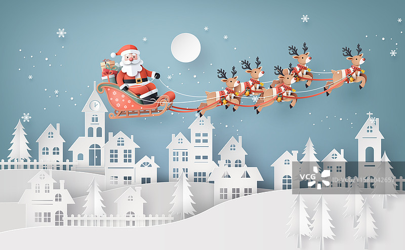 圣诞老人和驯鹿在平安夜的骑行图片素材