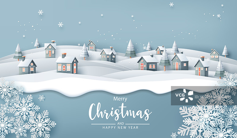 圣诞村庄的冬季场景，伴随着雪花飘落图片素材
