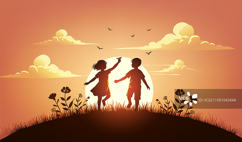 日落时分的童年快乐图片素材