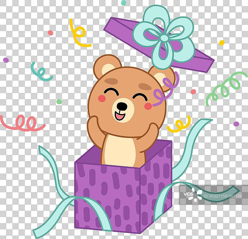快乐的熊从打开的礼物中跳出来图片素材