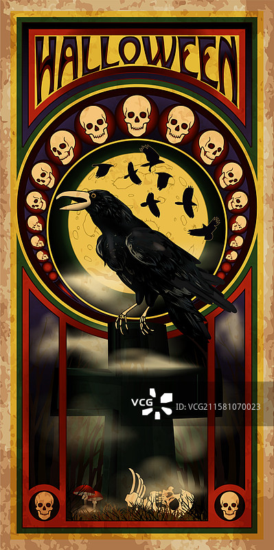 万圣节快乐邀请卡，配有黑色乌鸦图片素材