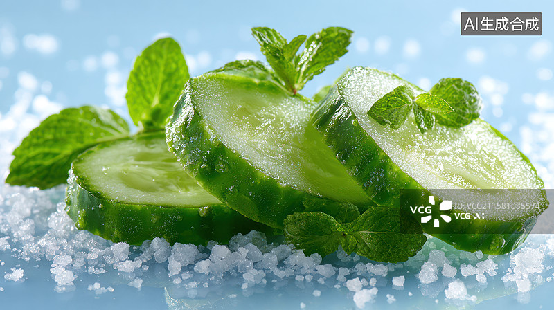 【AI数字艺术】新鲜黄瓜薄片和薄荷图片素材