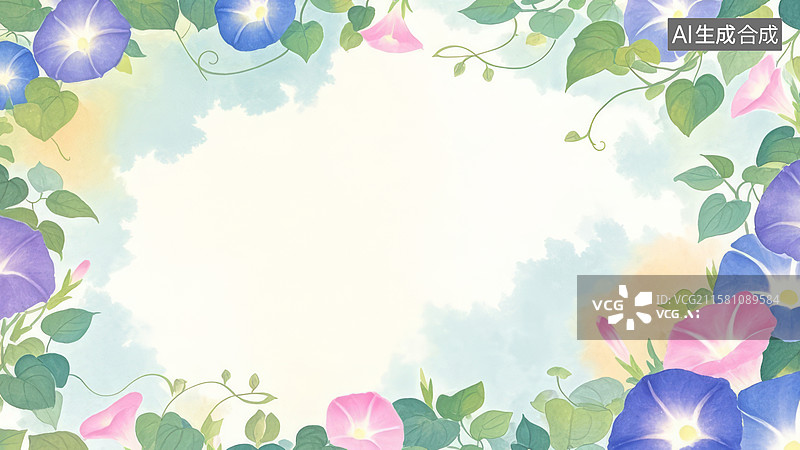 【AI数字艺术】装饰边框水墨画背景，一丛喇叭花，最大图片素材